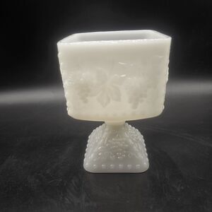 Anchor Hocking Milk Glass Grapes Pedestal Square Candy Dish White Vintage